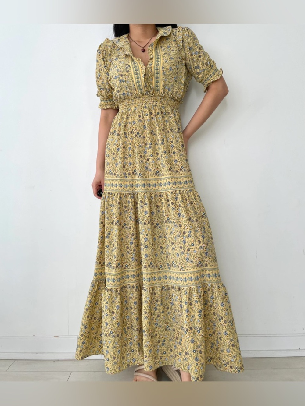 Max Studio Flowy Ruffle Collar Yellow Floral Maxi Dress